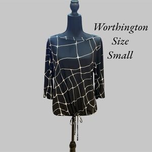 WORTHINGTON SIZE SMALL PULLOVER BLOUSE WITH DRAWSTRING WAIST GENTLY WORN